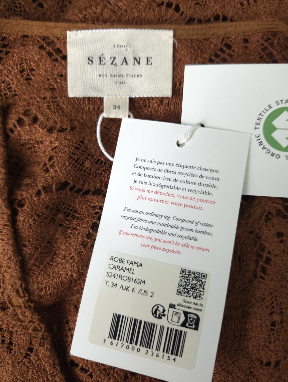 Sezane Fama Caramel Guipure Lace V-Neck Midi Dress 34/ US 2 - Picture 6 of 12